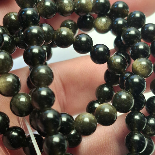 Perles Obsidienne Dorée 6mm, corde 40cm perles rondes naturelles