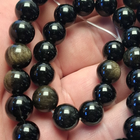Perles Obsidienne Dorée 10mm, corde 40cm perles rondes naturelles
